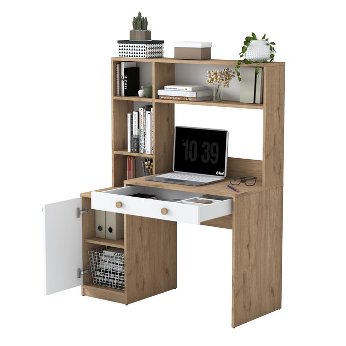 Hanah Home Escritorio de Estudio y Estantería HA126 - 4117 Nogal y Blanco